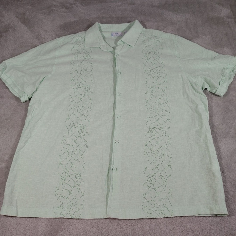 Cafe‎ Luna Hawaiian Shirt Men XL Lime Green Floral Tropical Linen 55/Cotton 45